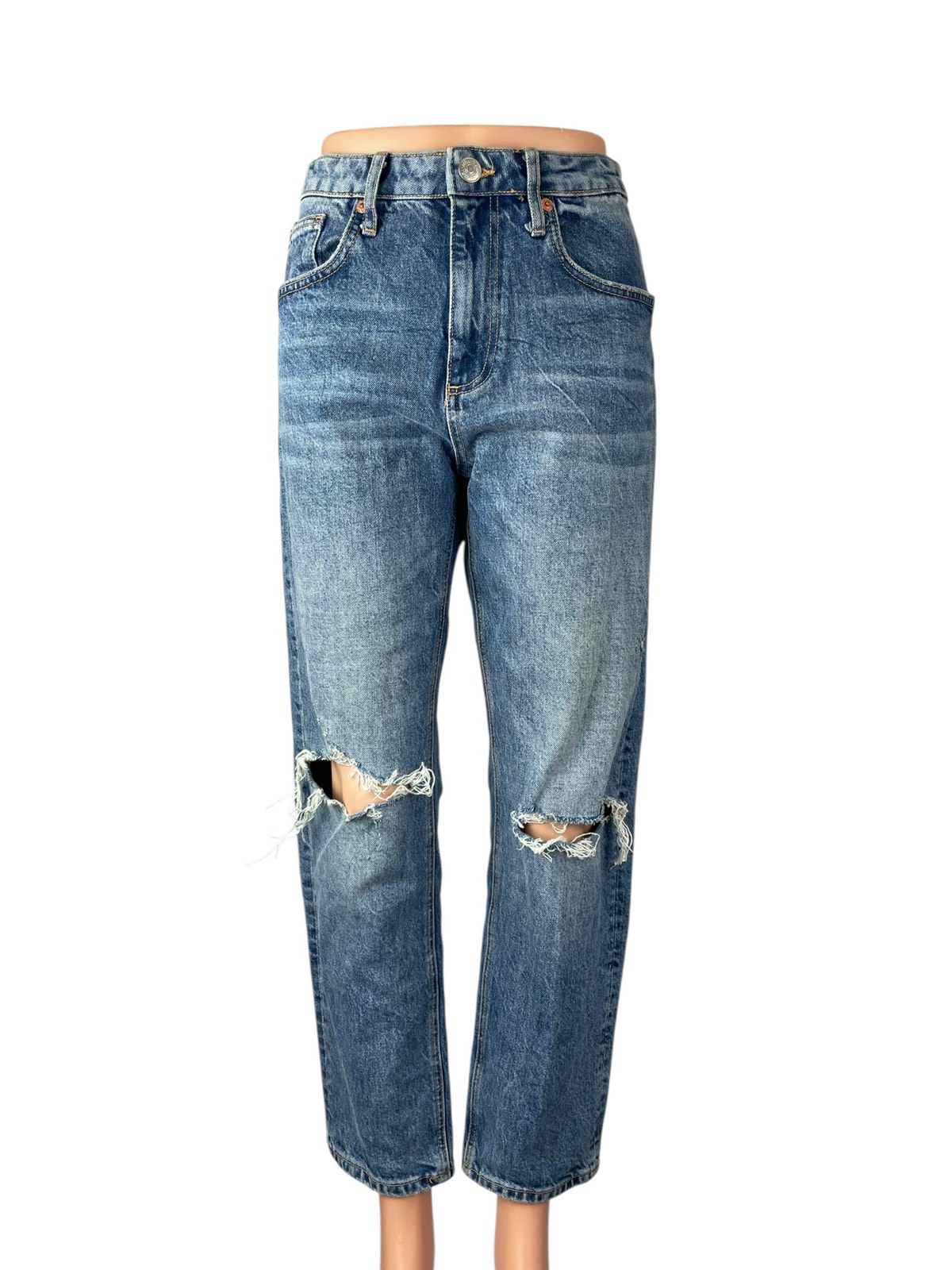 Zara Light Blue Wash Distressed Ripped High Rise Straight Denim Jeans Pants Sz 6